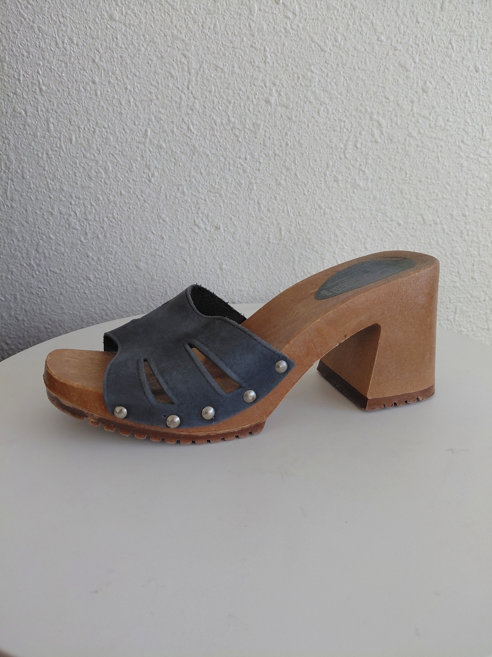 The Leather Collection Vintage 70s Platform Clogs Women 9 Blue Wood Chunky Heels